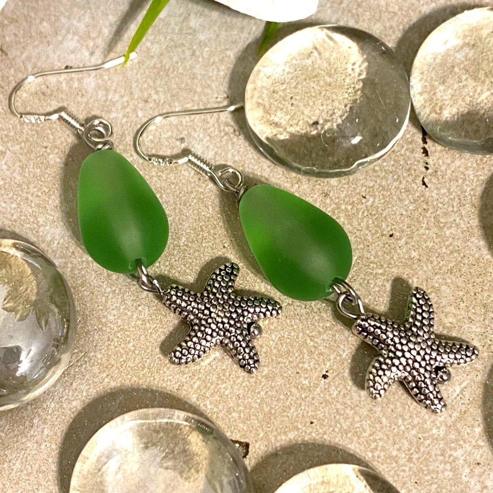 3/$25 Handcrafted Silver Starfish Beachy Green Glass Sterling Earrings